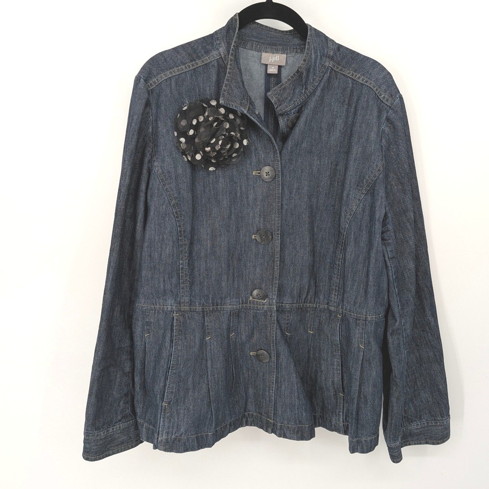 J Jill Denim Jacket Women 16 Blue Button Front Floral Brooch Long Sleeve Jean